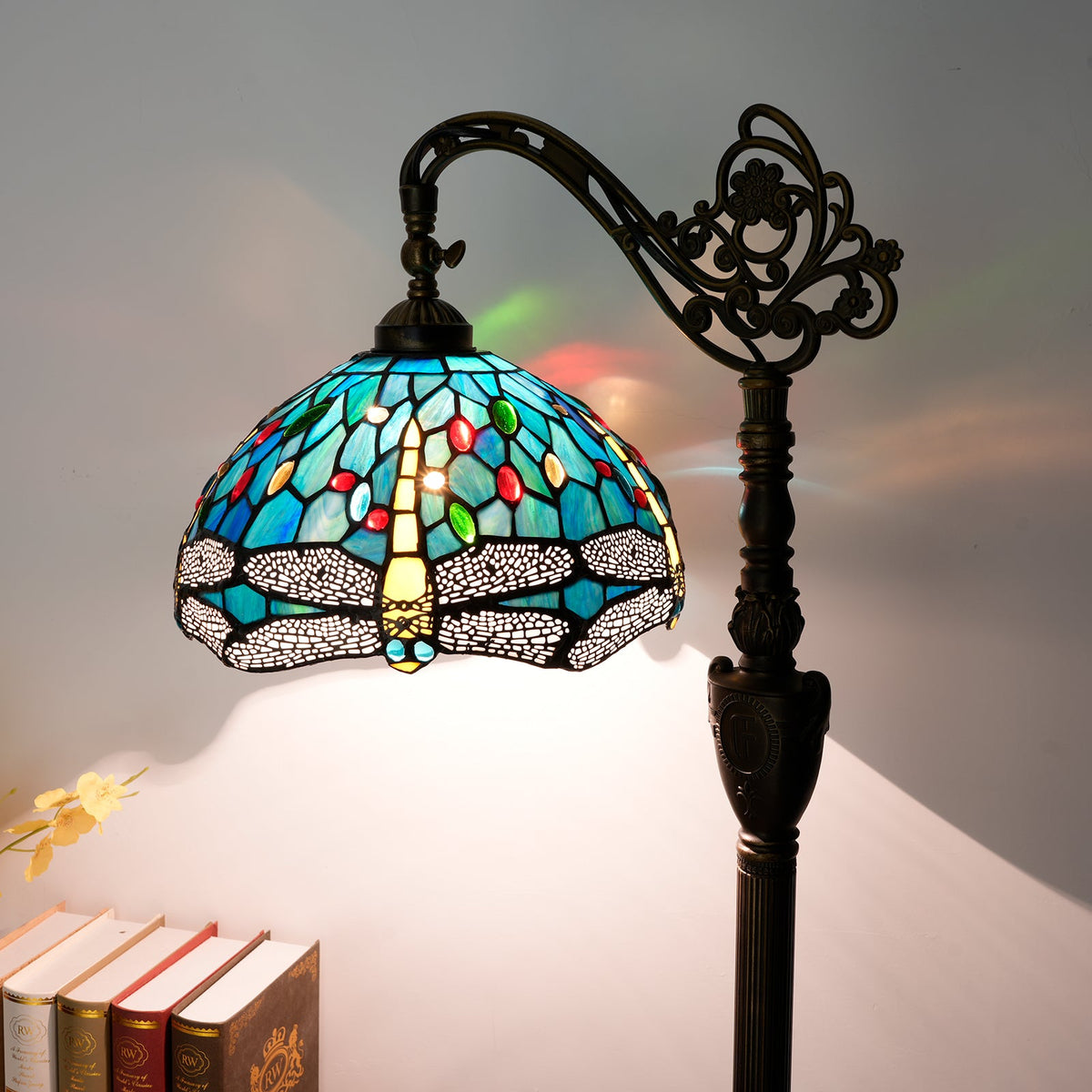 Stained Glass Floor Lamp with Dragonflies and Antique Bronze