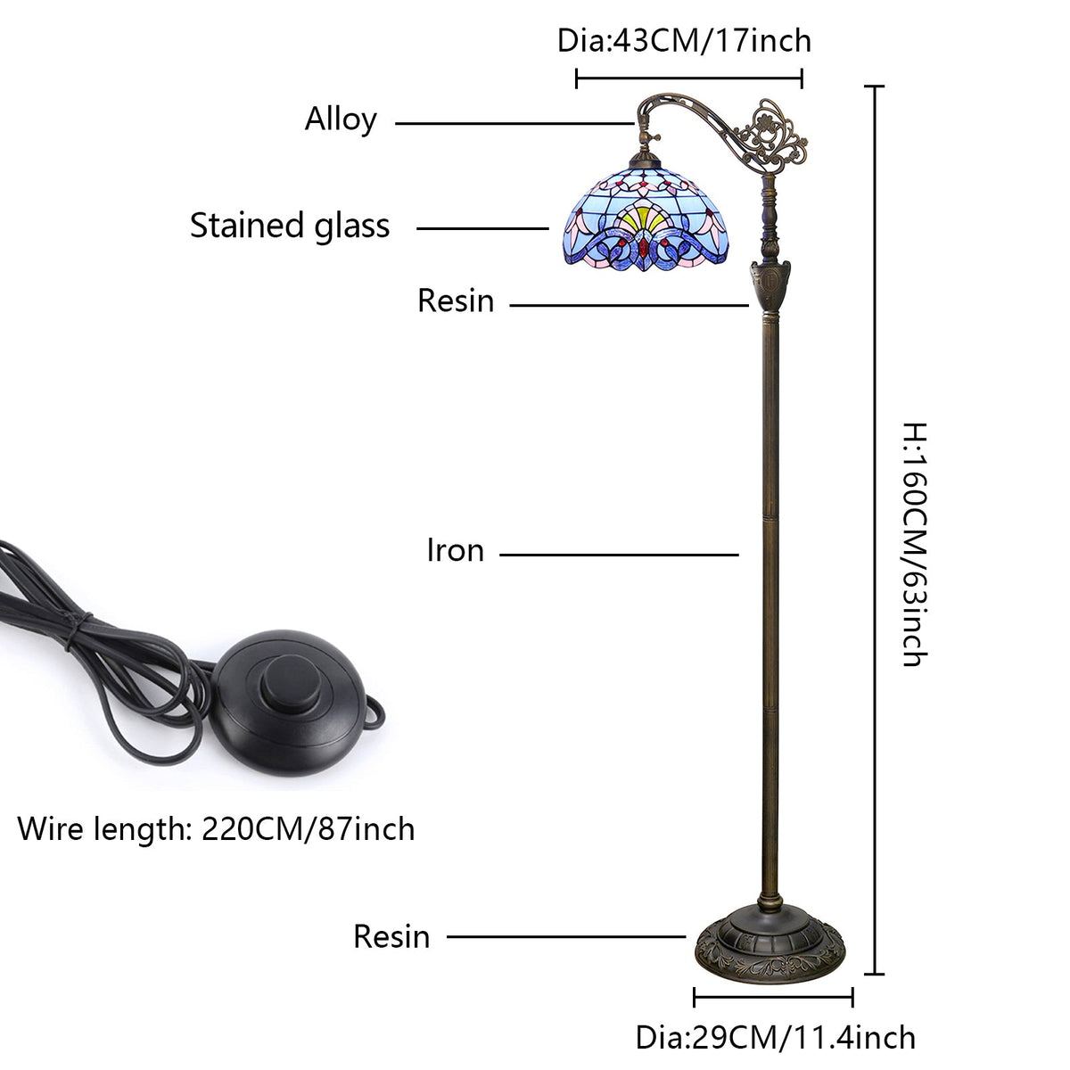 Art Nouveau Floor Lamp in Floral Blue Stained Glass