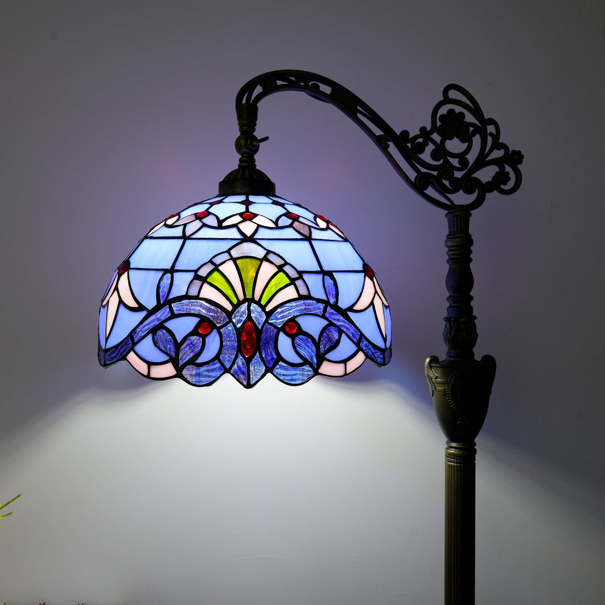 Art Nouveau Floor Lamp in Floral Blue Stained Glass