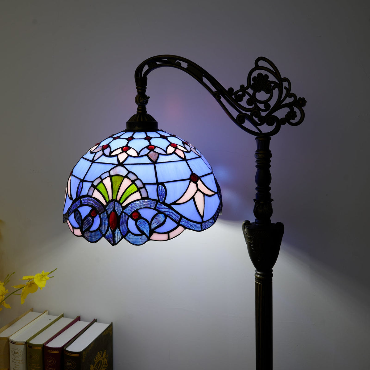 Art Nouveau Floor Lamp in Floral Blue Stained Glass