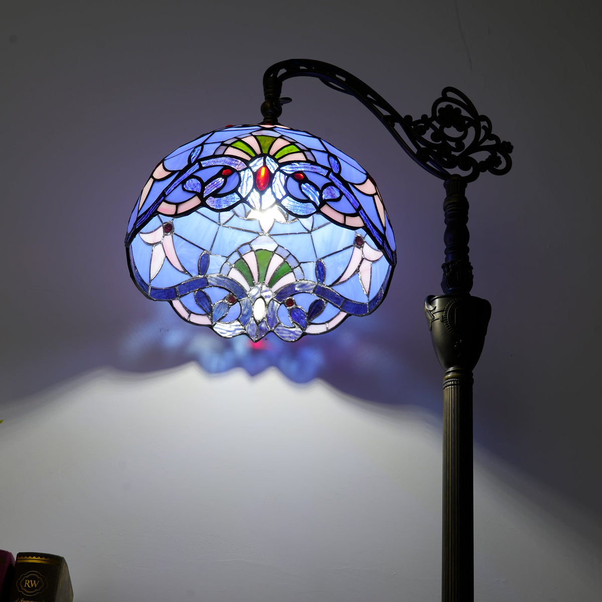 Art Nouveau Floor Lamp in Floral Blue Stained Glass