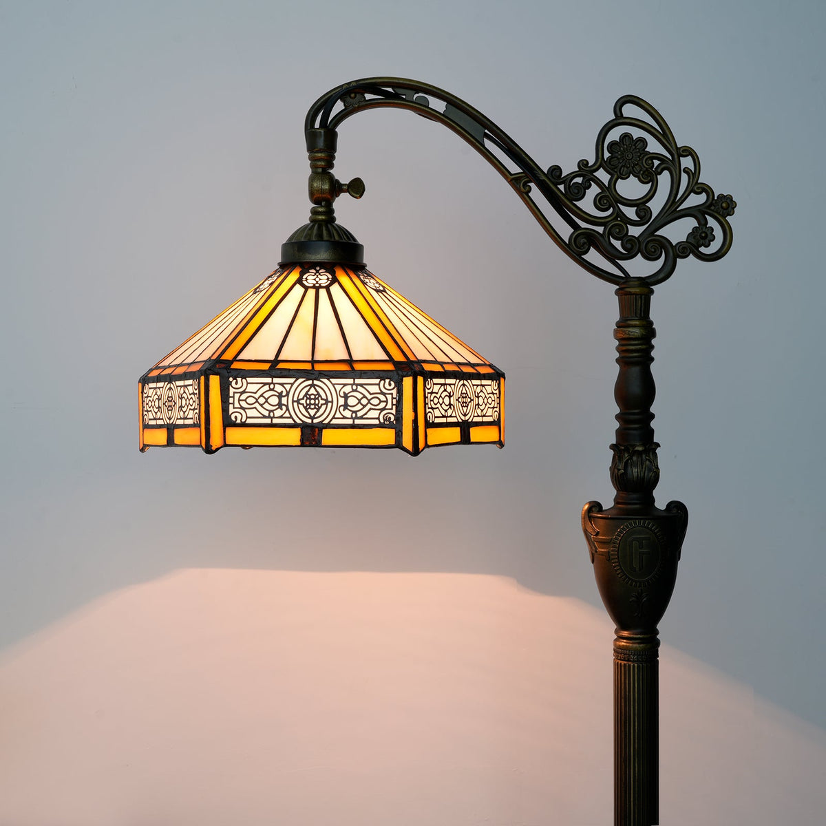 Art Nouveau stained glass floor lamp in aged bronze
