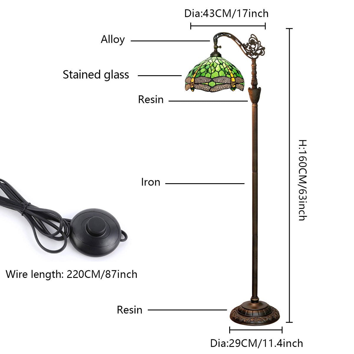 Tiffany Dragonfly Floor Lamp in Green and Amber Glass