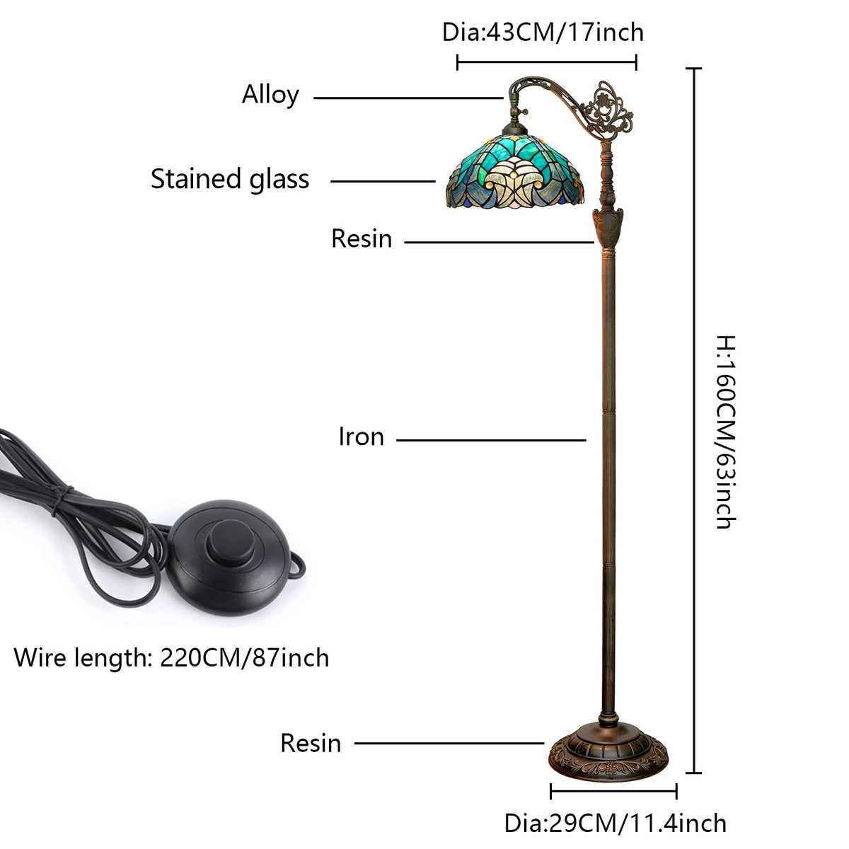 Tiffany Floor Lamp in Blue Green Stained Glass and Ornate Bronze