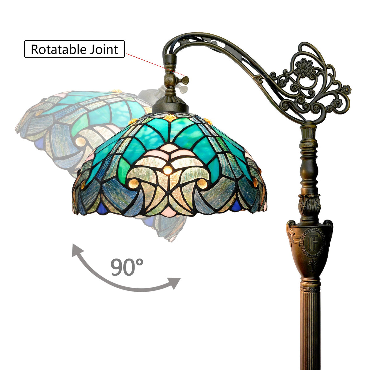 Tiffany Floor Lamp in Blue Green Stained Glass and Ornate Bronze