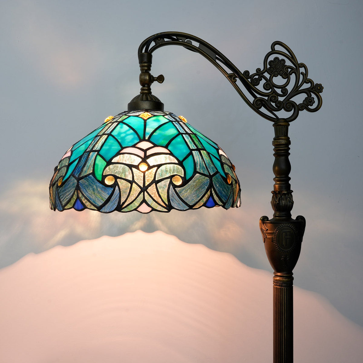 Tiffany Floor Lamp in Blue Green Stained Glass and Ornate Bronze