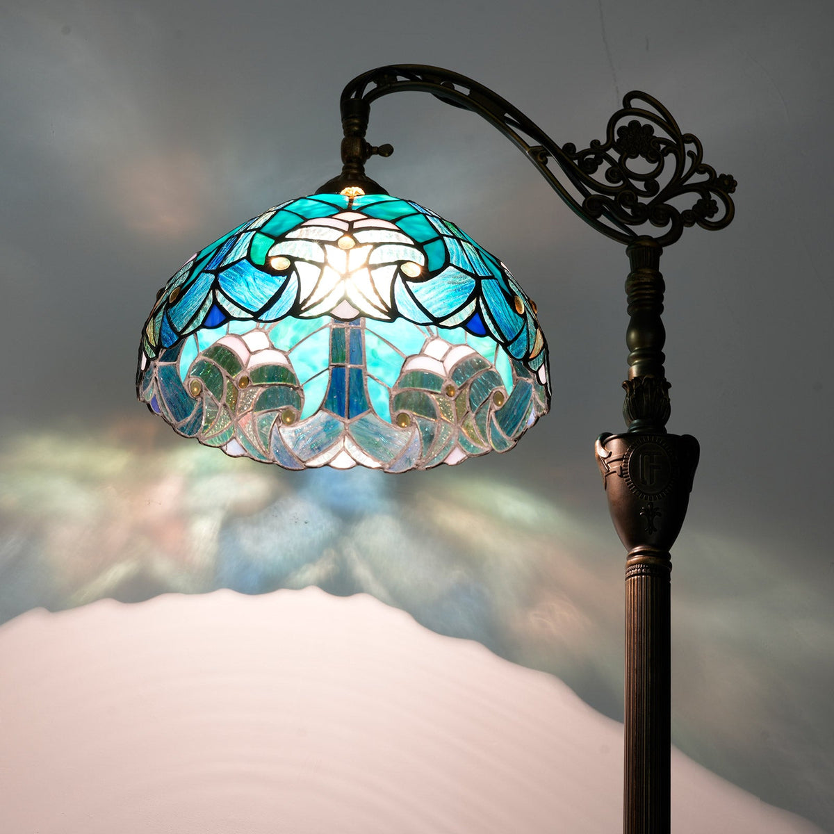 Tiffany Floor Lamp in Blue Green Stained Glass and Ornate Bronze