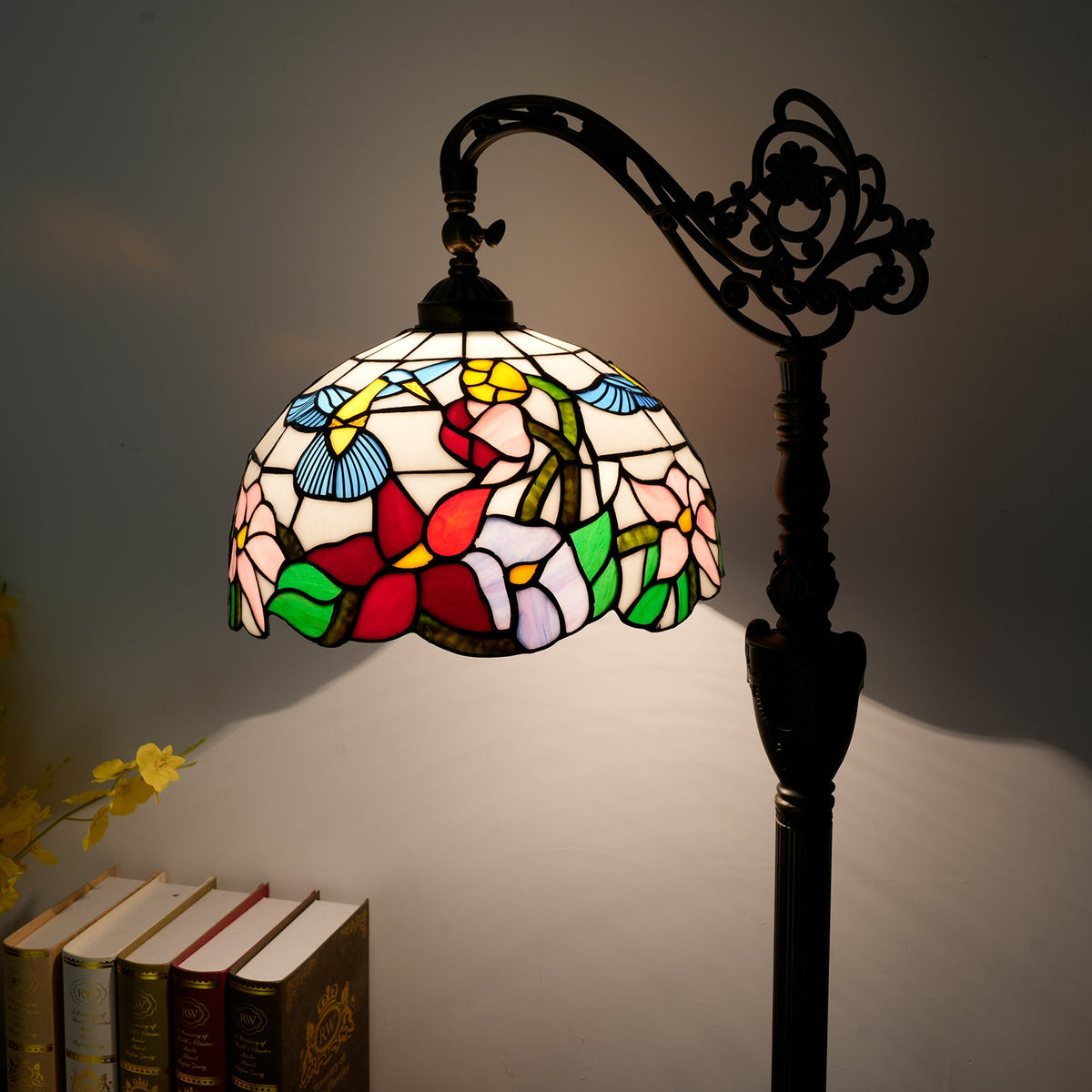 Tiffany stained glass floor lamp with flowers and birds