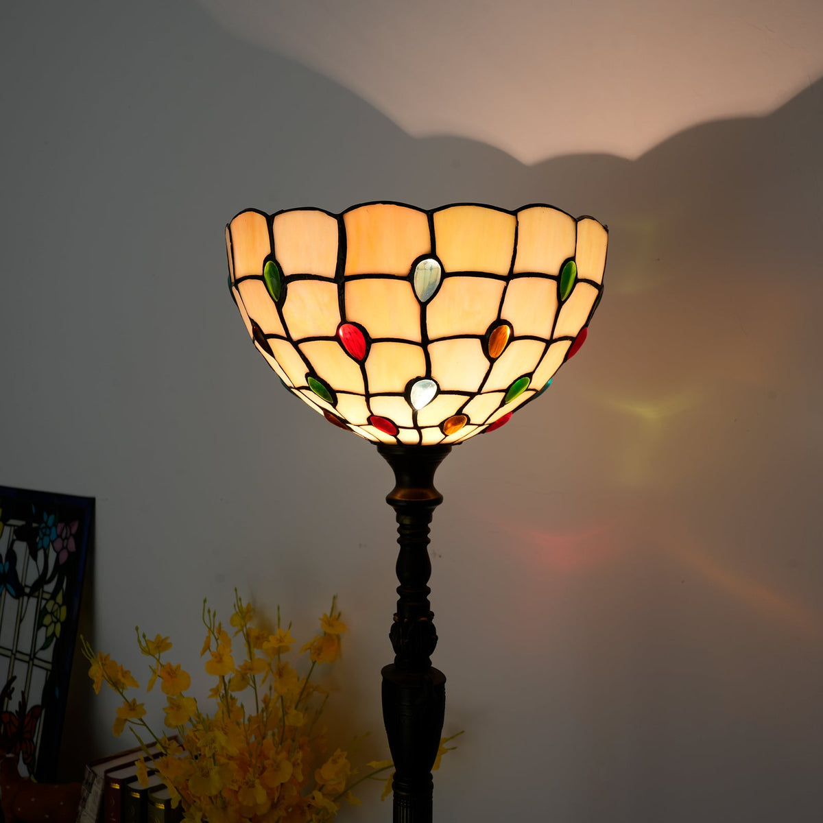 Tiffany Style Floor Lamp in Stained Glass and Colored Cabochons