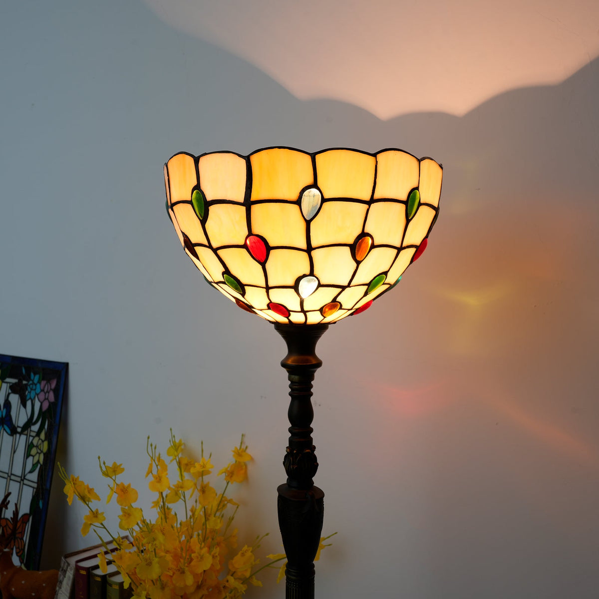 Tiffany Style Floor Lamp in Stained Glass and Colored Cabochons