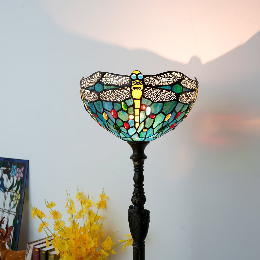 Tiffany Stained Glass Floor Lamp with Dragonflies