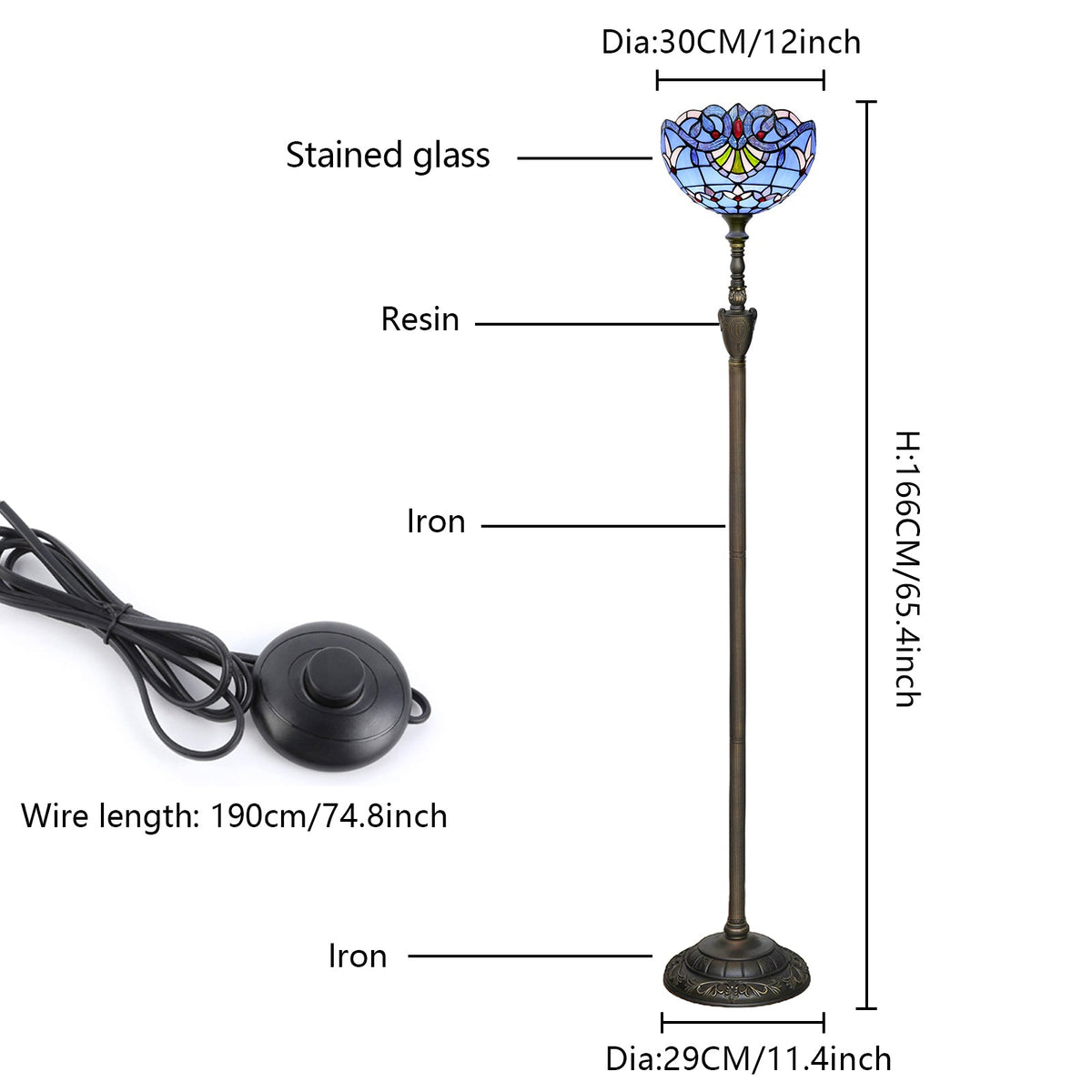 Blue Tiffany Stained Glass Floor Lamp, Antique Bronze Base