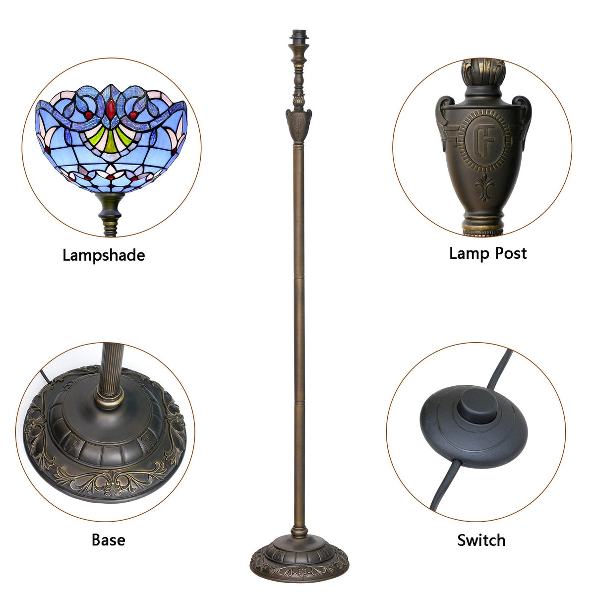 Blue Tiffany Stained Glass Floor Lamp, Antique Bronze Base