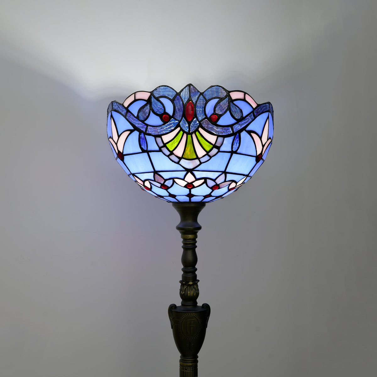 Blue Tiffany Stained Glass Floor Lamp, Antique Bronze Base