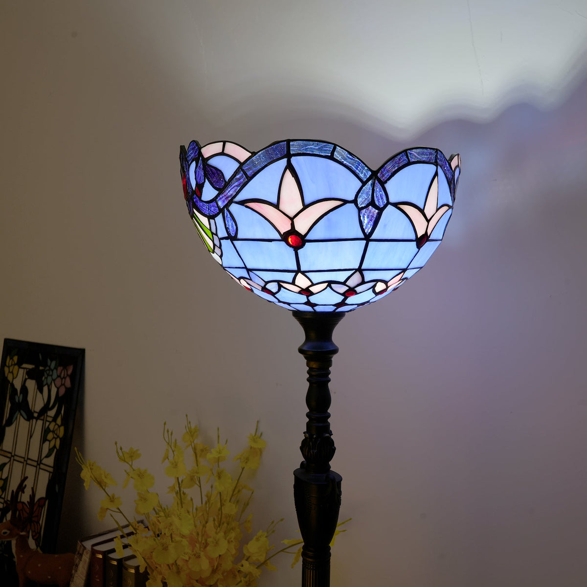 Blue Tiffany Stained Glass Floor Lamp, Antique Bronze Base