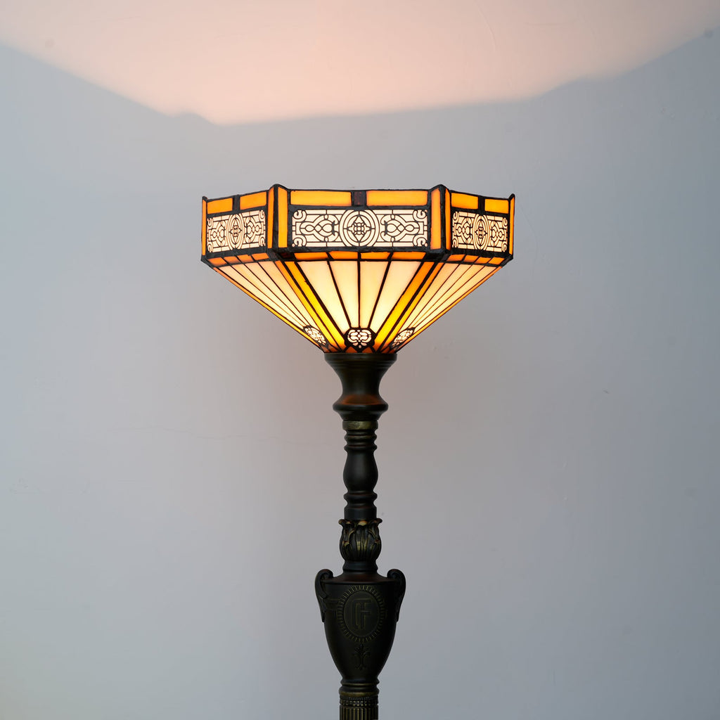 Art Deco floor lamp in amber stained glass and patinated bronze