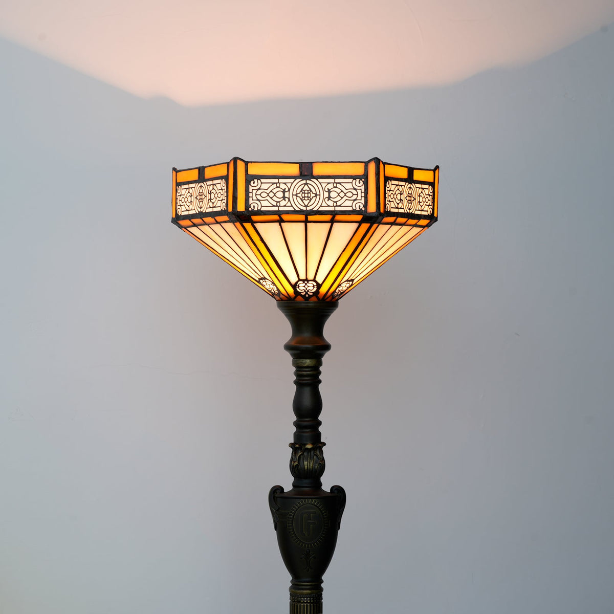 Art Deco floor lamp in amber stained glass and patinated bronze