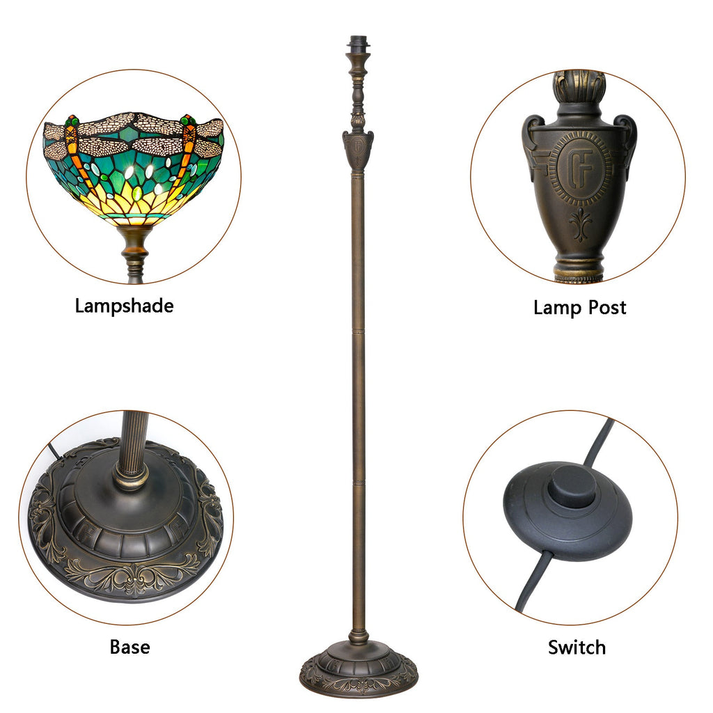Tiffany-style polychrome stained glass floor lamp with dragonflies
