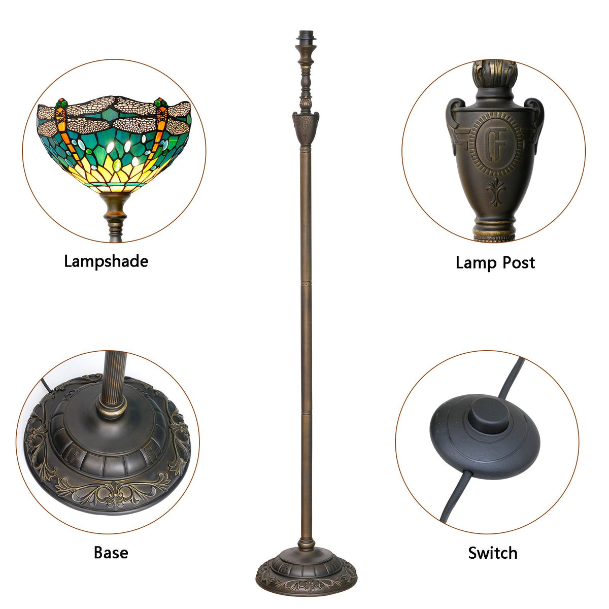 Tiffany-style polychrome stained glass floor lamp with dragonflies
