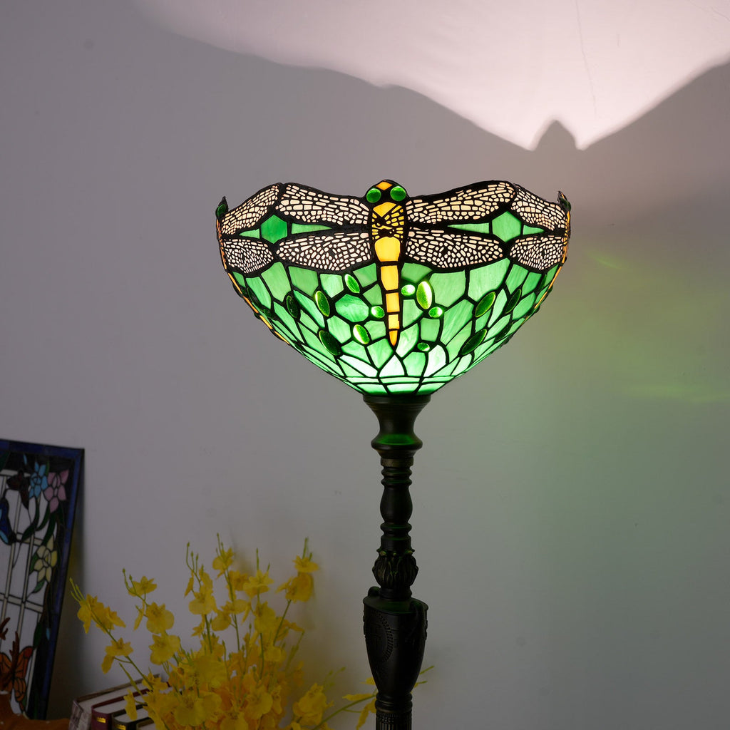 Tiffany Green Glass Floor Lamp with Dragonflies