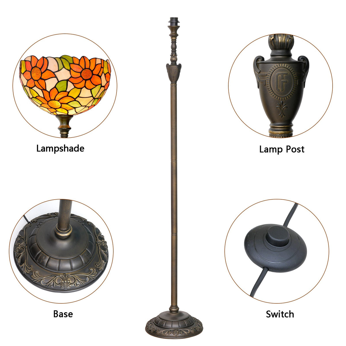 Orange and Green Floral Stained Glass Floor Lamp