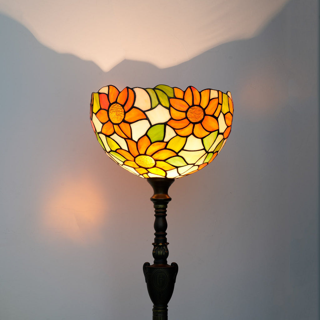 Orange and Green Floral Stained Glass Floor Lamp