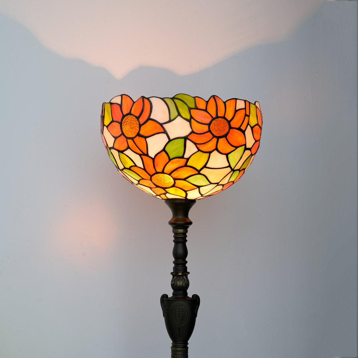 Orange and Green Floral Stained Glass Floor Lamp