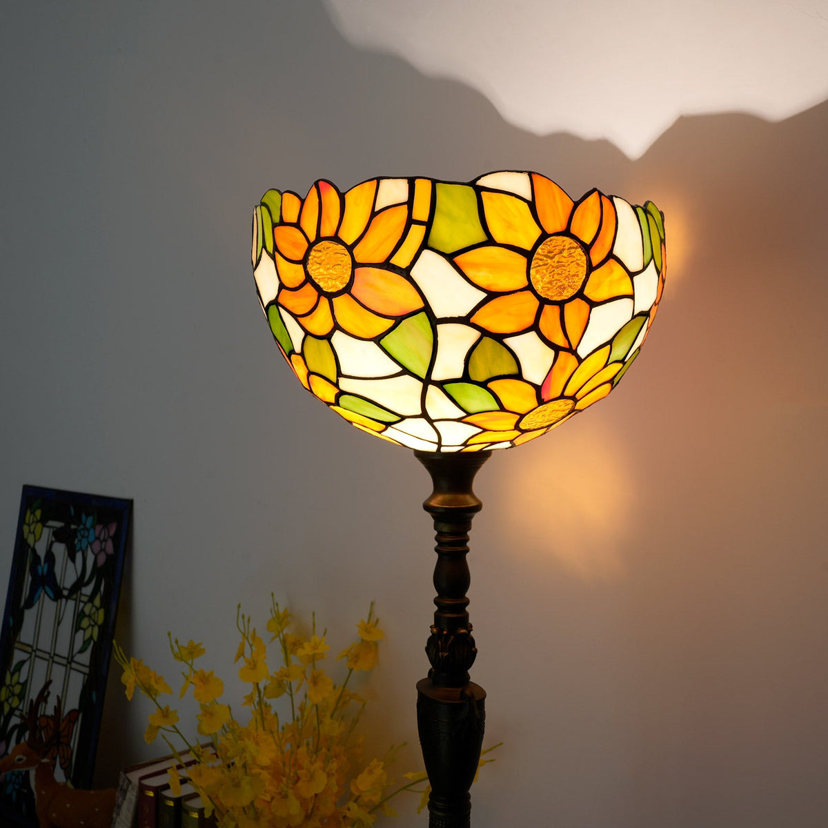 Orange and Green Floral Stained Glass Floor Lamp