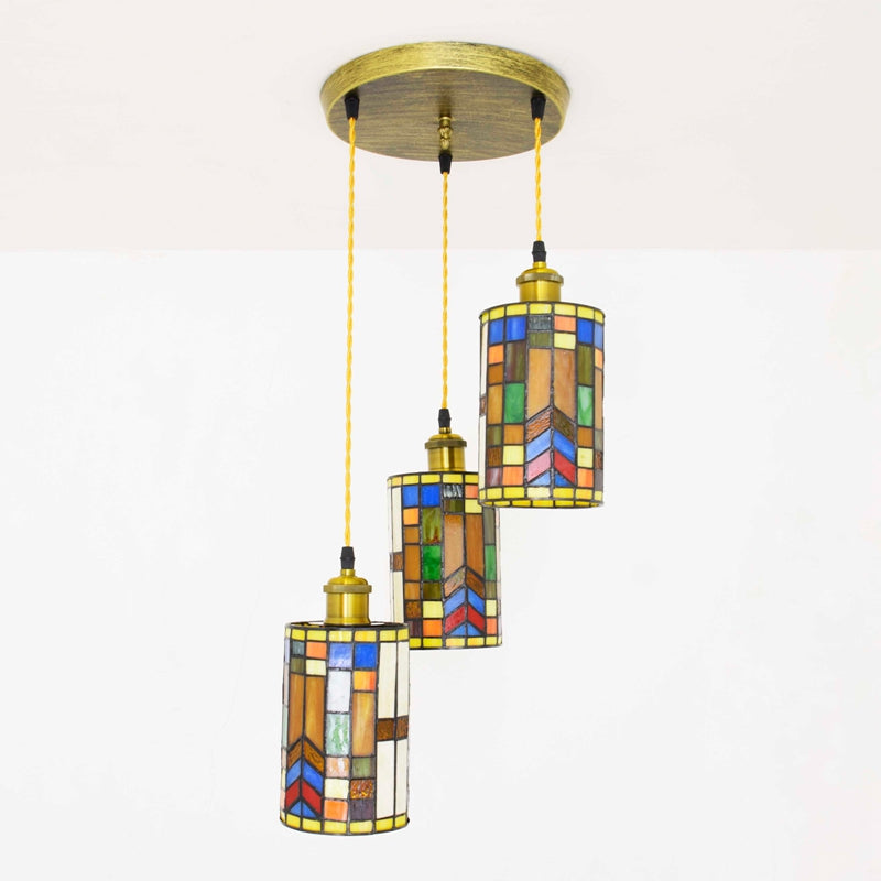 Geometric Multicolor Stained Glass Pendant Light with 3 Lamps