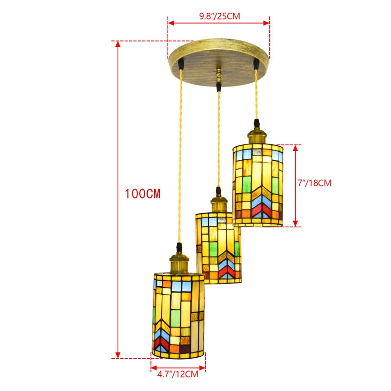 Geometric Multicolor Stained Glass Pendant Light with 3 Lamps