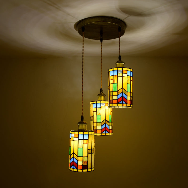Geometric Multicolor Stained Glass Pendant Light with 3 Lamps
