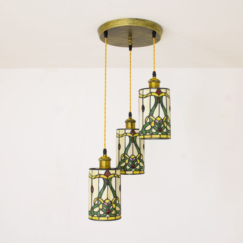 Triple Pendant Light in Tinted Glass with Floral Pattern