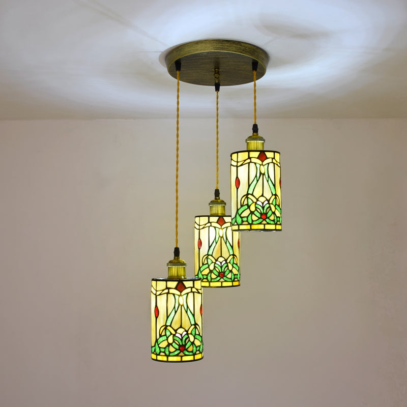 Triple Pendant Light in Tinted Glass with Floral Pattern
