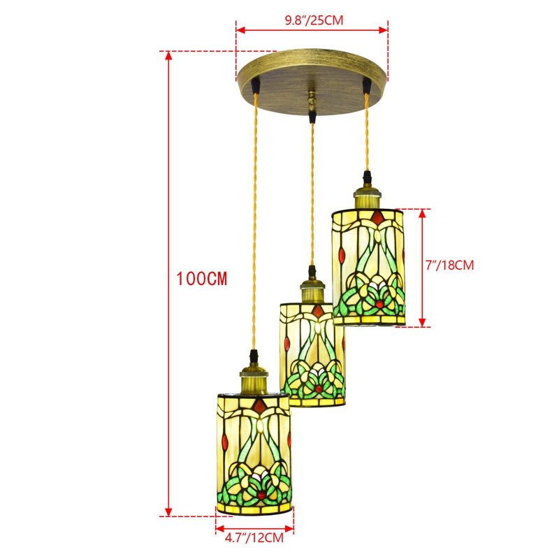 Triple Pendant Light in Tinted Glass with Floral Pattern