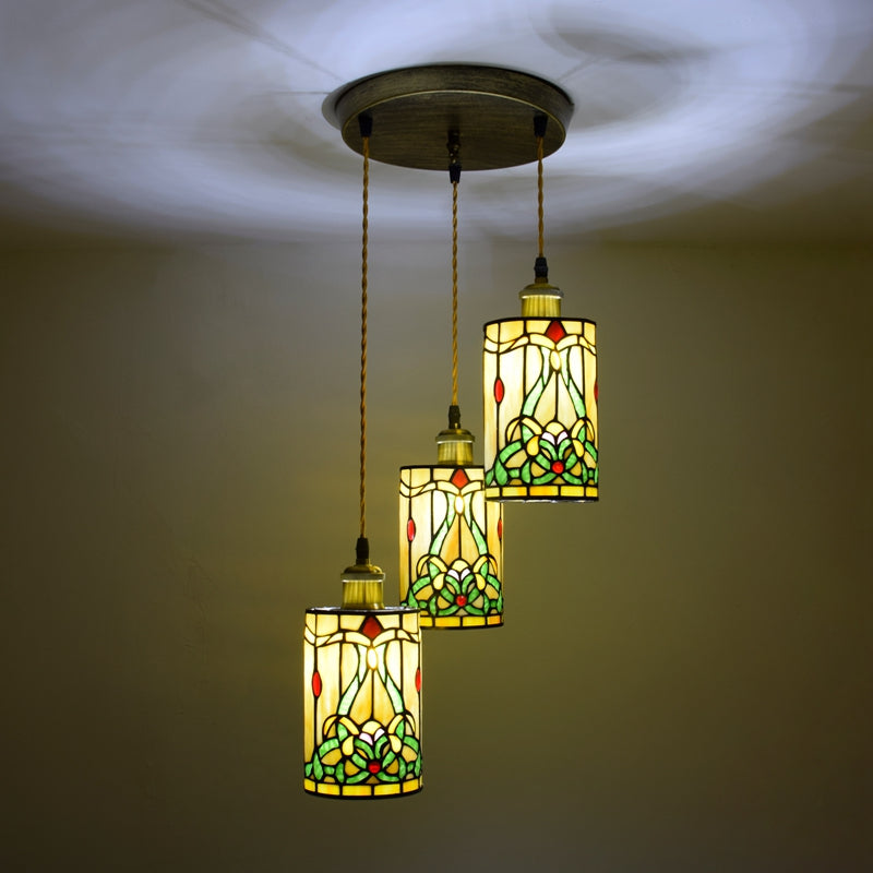 Triple Pendant Light in Tinted Glass with Floral Pattern