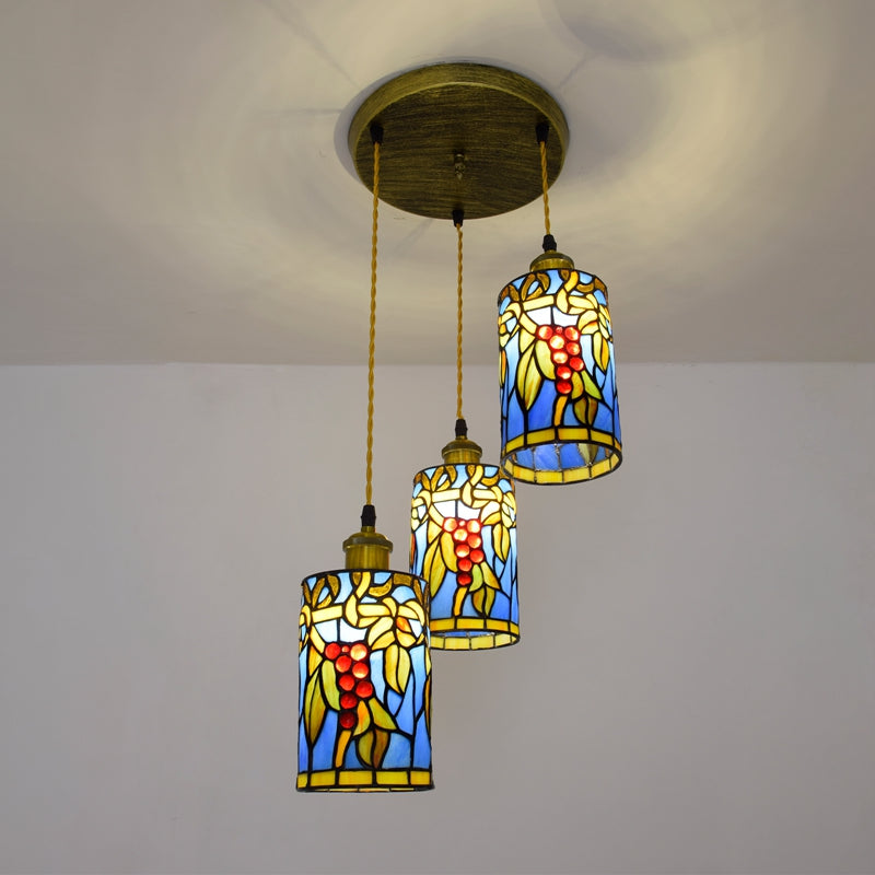 Triple Tiffany Pendant Light with Vine and Grape Motif