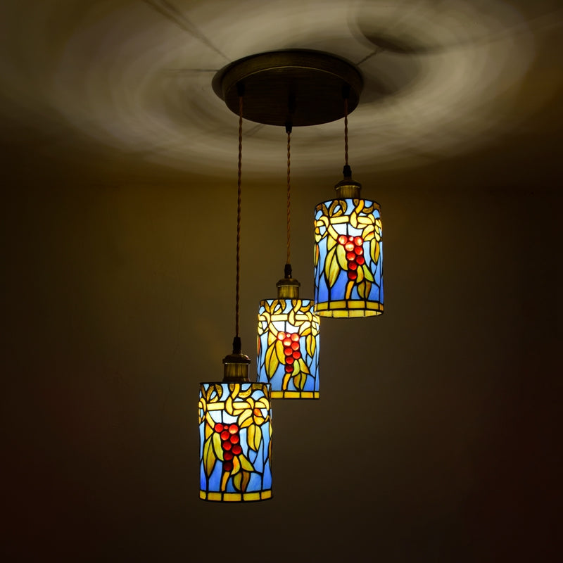 Triple Tiffany Pendant Light with Vine and Grape Motif