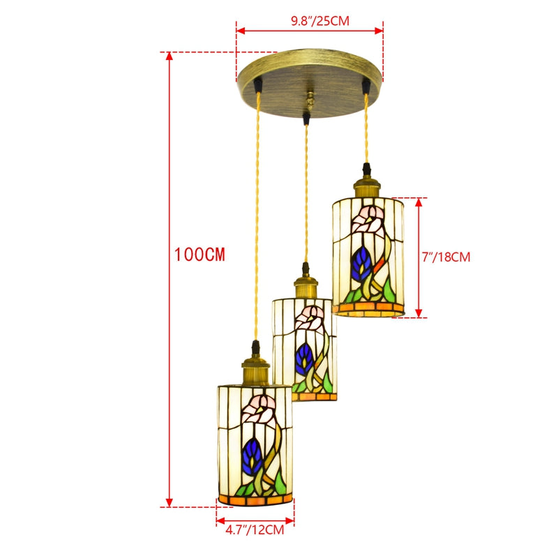 Floral Tiffany Stained Glass Triple Cylindrical Hanging Light