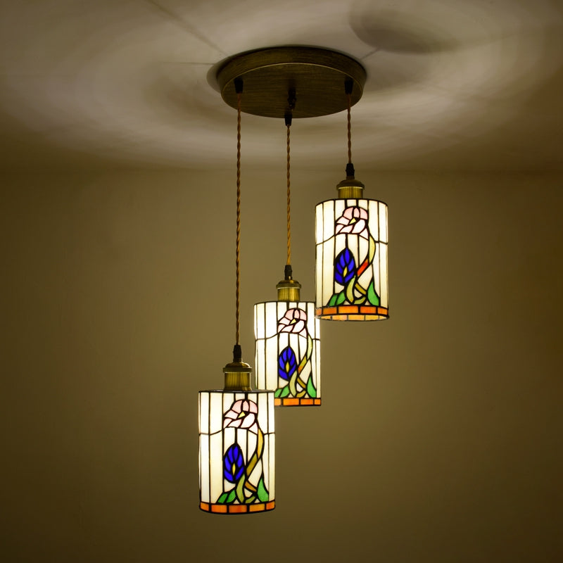 Floral Tiffany Stained Glass Triple Cylindrical Hanging Light