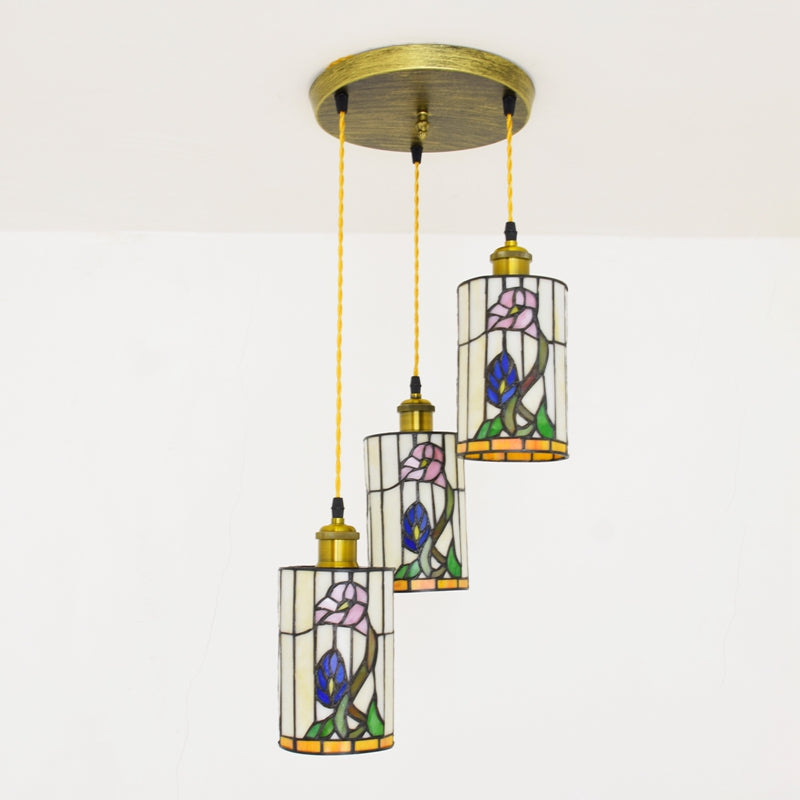 Floral Tiffany Stained Glass Triple Cylindrical Hanging Light