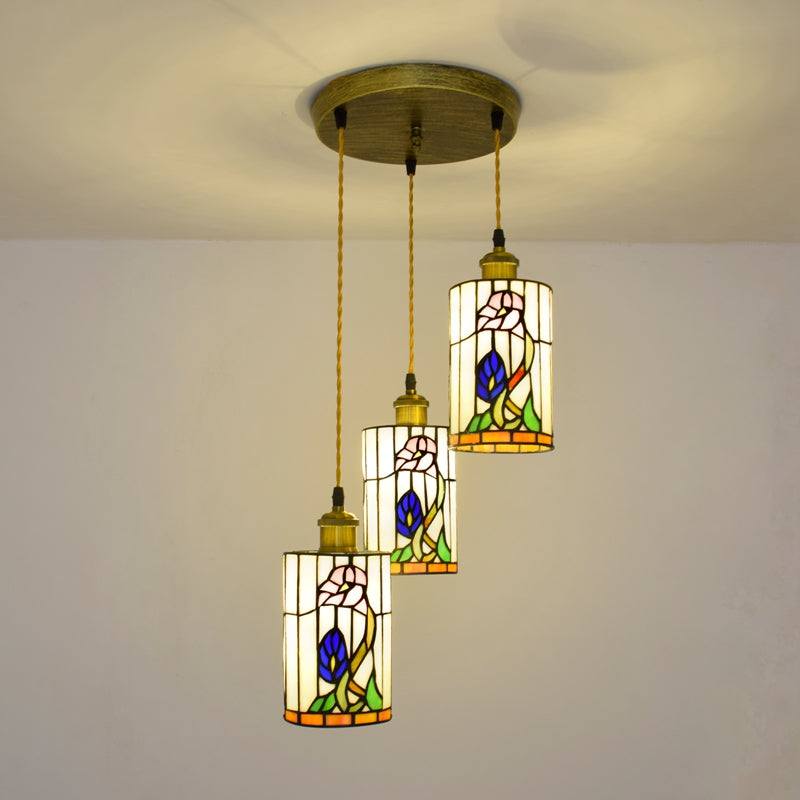 Floral Tiffany Stained Glass Triple Cylindrical Hanging Light