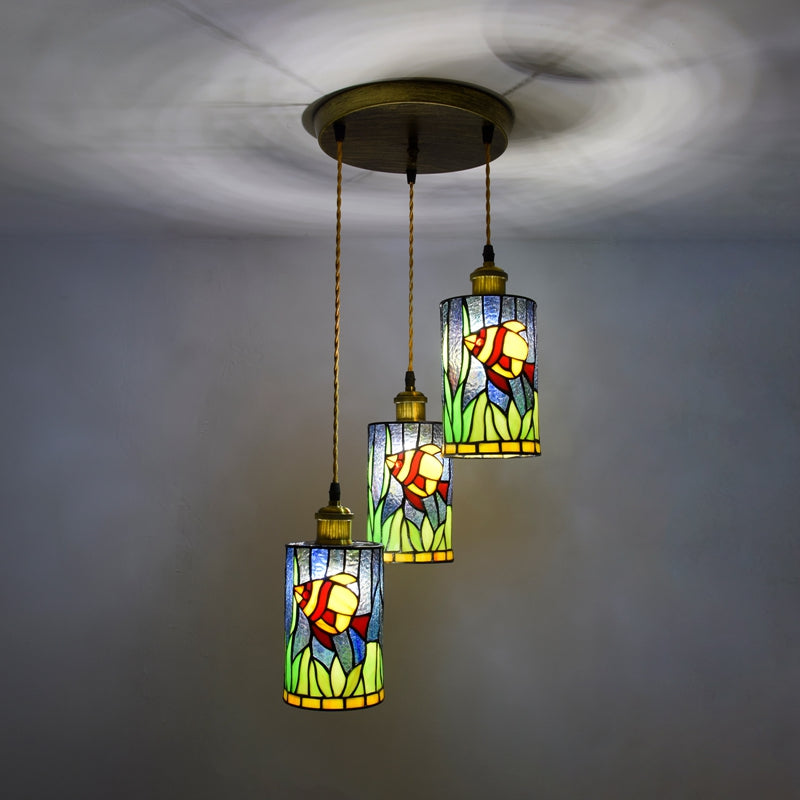 Triple Tiffany Stained Glass Fish Pendant Light
