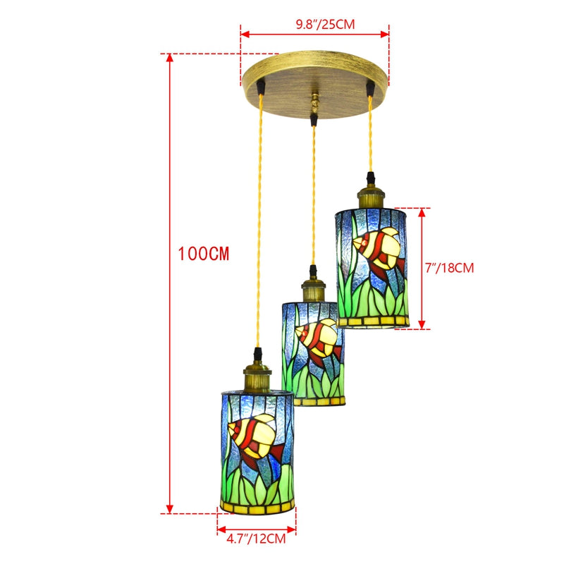 Triple Tiffany Stained Glass Fish Pendant Light