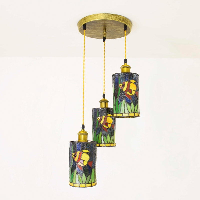 Triple Tiffany Stained Glass Fish Pendant Light