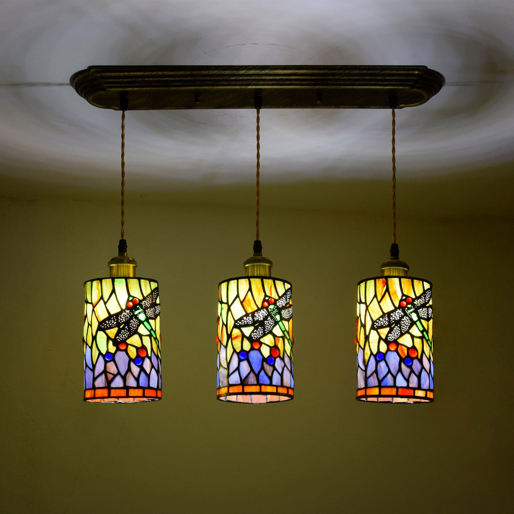 Triple Tiffany-Style Stained Glass Dragonfly Pendant Light