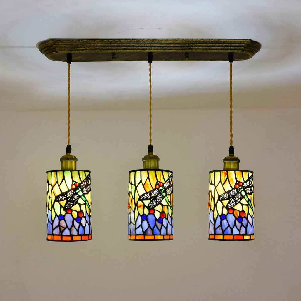 Triple Tiffany-Style Stained Glass Dragonfly Pendant Light
