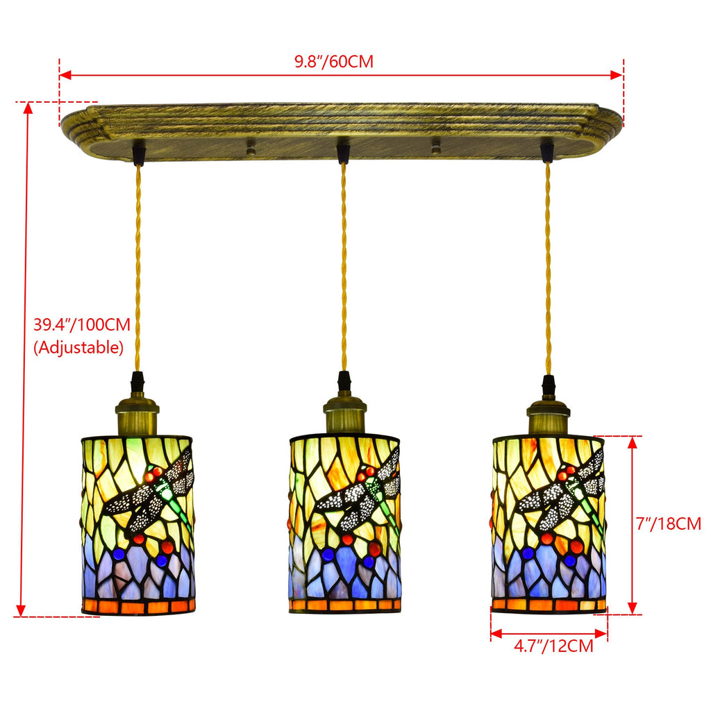 Triple Tiffany-Style Stained Glass Dragonfly Pendant Light