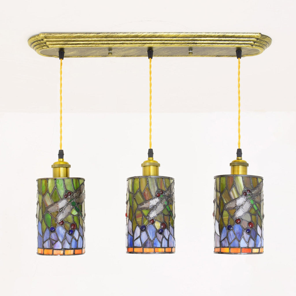 Triple Tiffany-Style Stained Glass Dragonfly Pendant Light