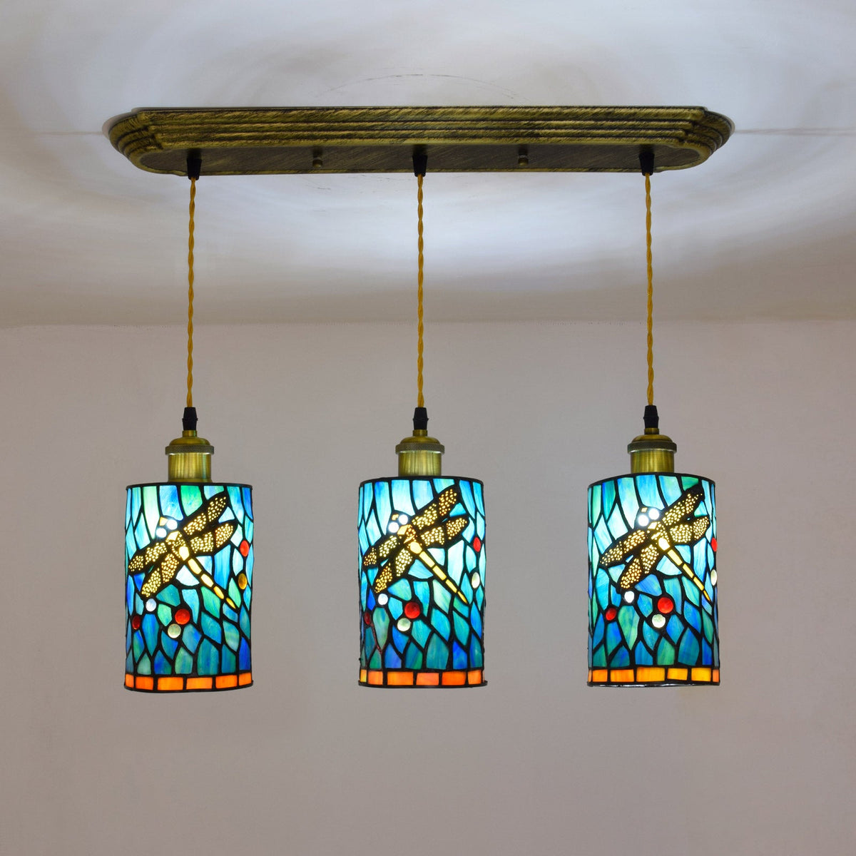 Three-Light Tiffany Stained Glass Dragonfly Pendant Light