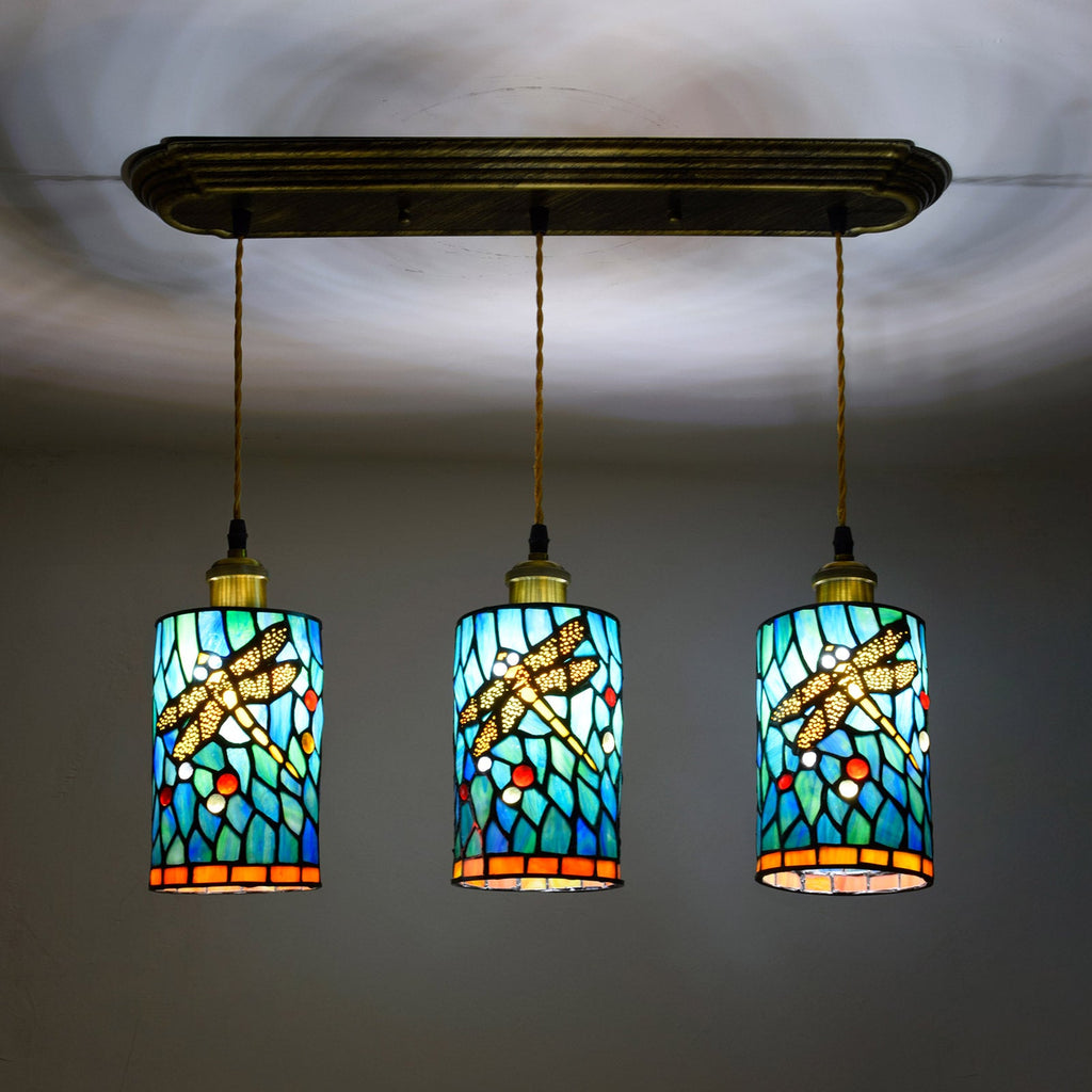 Three-Light Tiffany Stained Glass Dragonfly Pendant Light